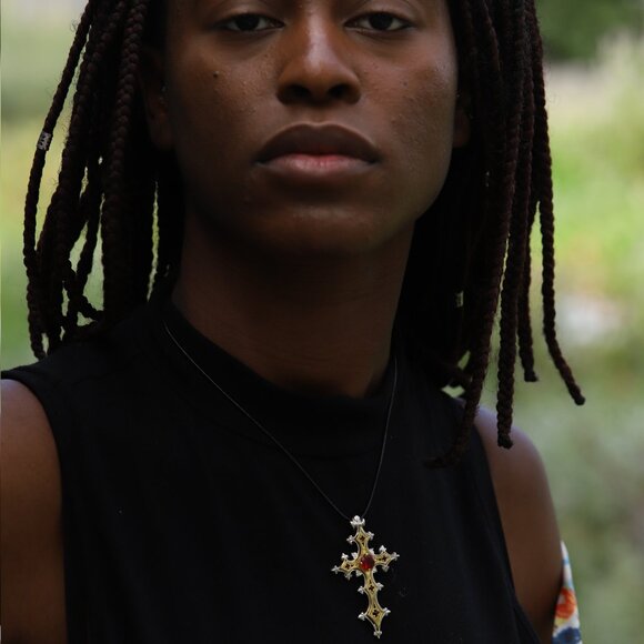 Vintage Gothic Cross Sterling Silver & Brass Artistic Red Cross Red Stone - Picture 11 of 12